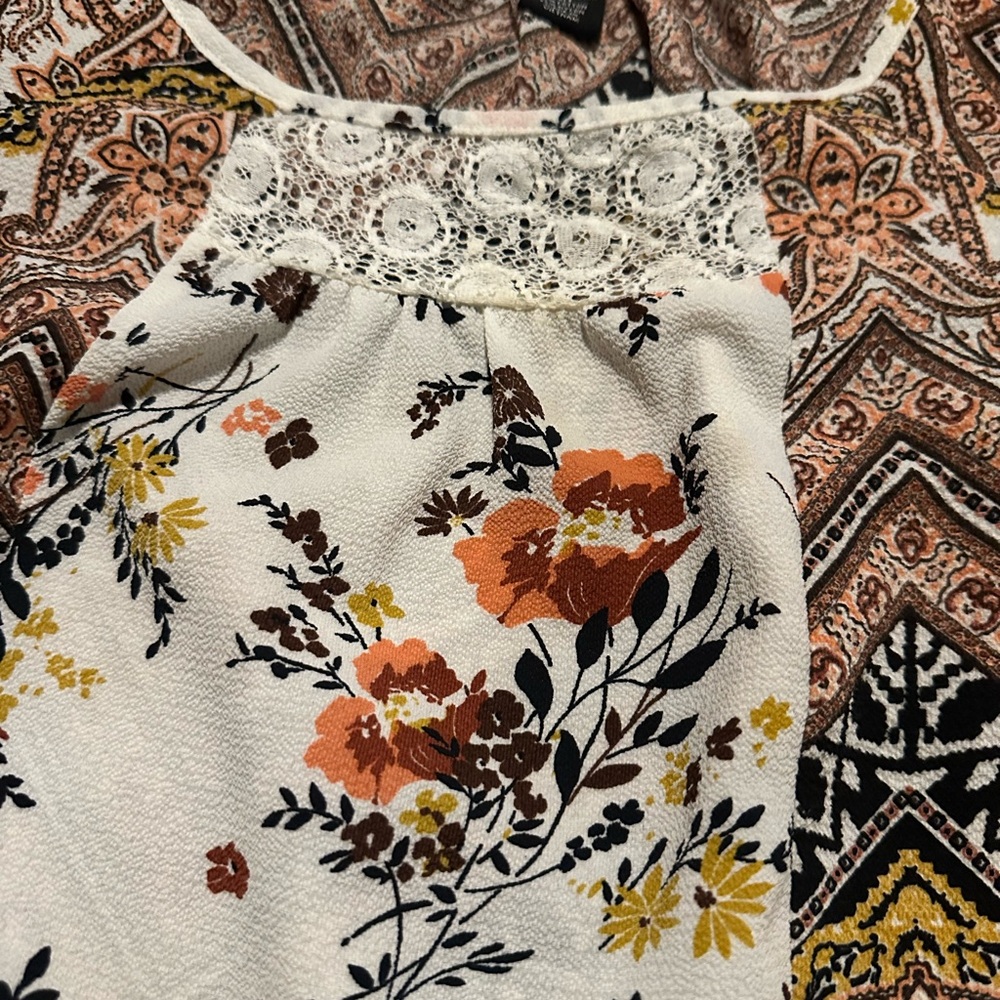 New Directions Floral Lace Blouse - Orange, Yellow, Black, Cream